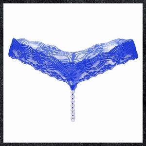 Blue Lace Pearl Bead Crotch G-String Panty